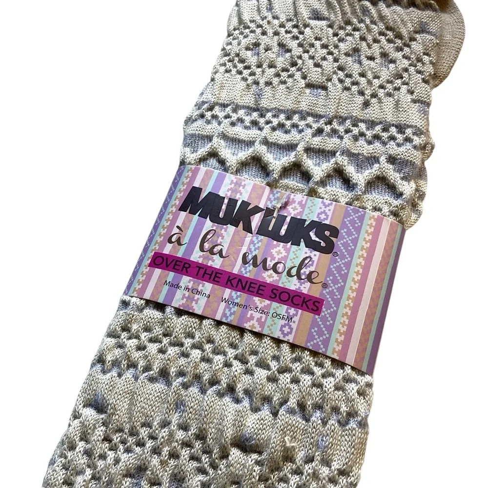 MUK LUKS Over the Knee Socks, Pale Blue & Ivory‎ Design NEW OSFM